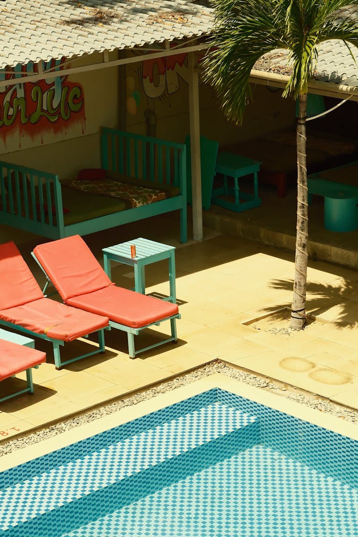 Sunny poolside area with red loungers, palm tree, and vivid colors creating a tropical vibe.
